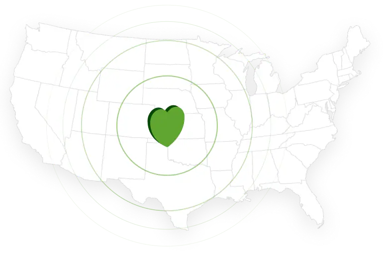 Map of the U.S. with a heart at the center, signal ripples fading outwards from the center.