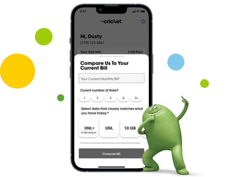 iPhone showing tryCricket's 'Compare Us To Your Current Bill' feature